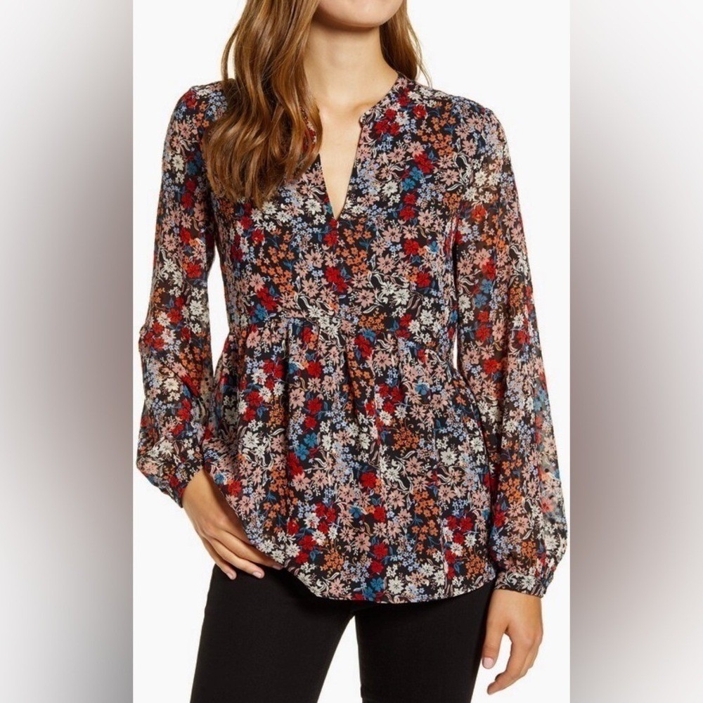 Gibson Red/Blue Split Neck Peplum Blouse